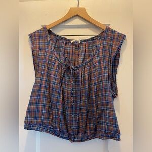 Doen Azure Blue French Plaid Top Size XL